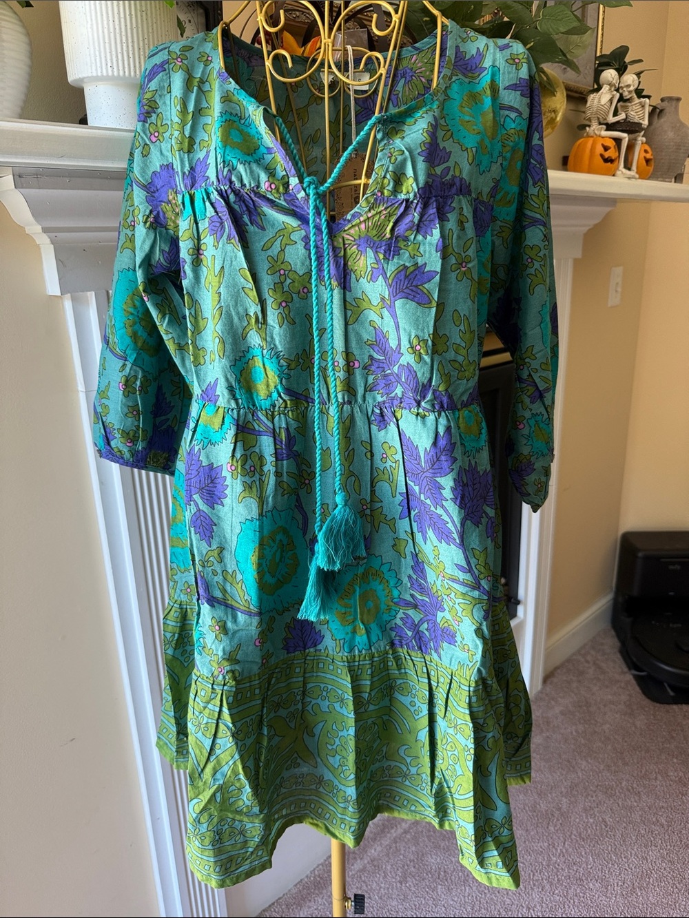 NATURAL LIFE S Green & Teal Floral Tie-Women's Dress NWT